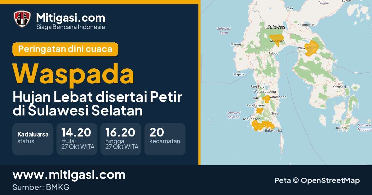 Peringatan dini cuaca BMKG tingkat Waspada di Sulawesi Selatan. (Mitigasi.com/data BMKG)