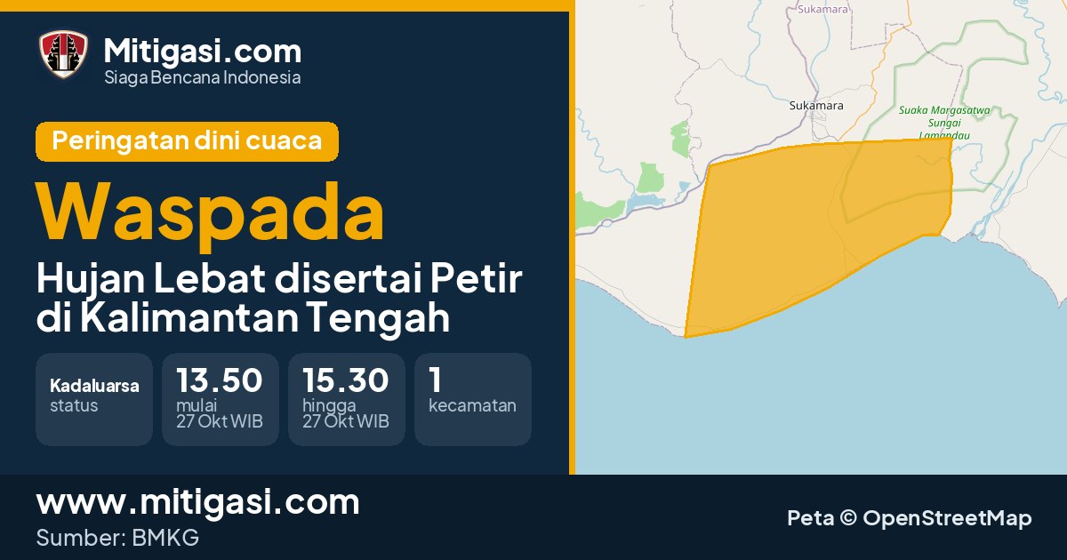 Peringatan dini cuaca BMKG tingkat Waspada di Kalimantan Tengah. (Mitigasi.com/data BMKG)