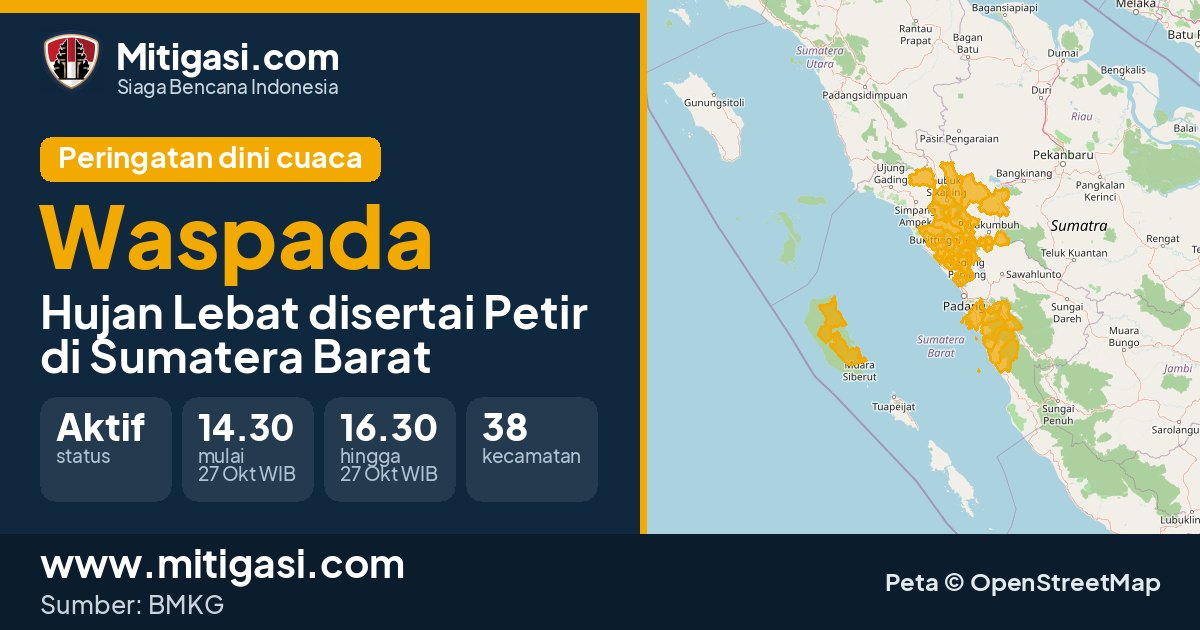 Peringatan dini cuaca BMKG tingkat Waspada di Sumatera Barat. (Mitigasi.com/data BMKG)