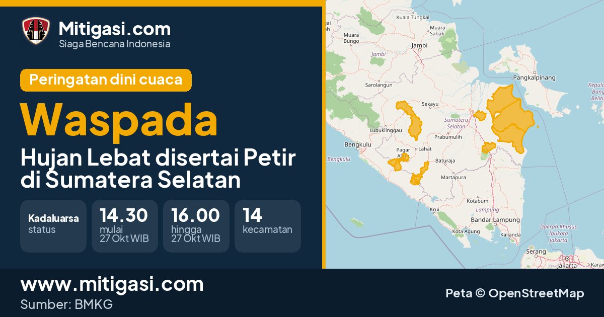 Peringatan dini cuaca BMKG tingkat Waspada di Sumatera Selatan. (Mitigasi.com/data BMKG)