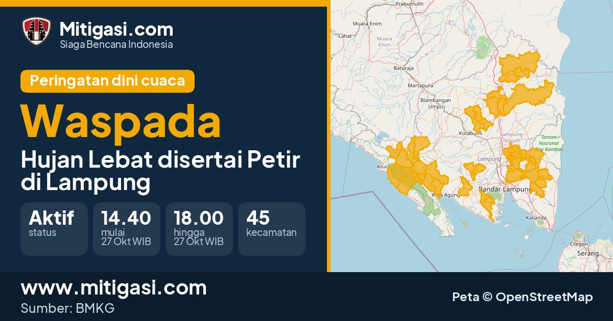 Peringatan dini cuaca BMKG tingkat Waspada di Lampung. (Mitigasi.com/data BMKG)