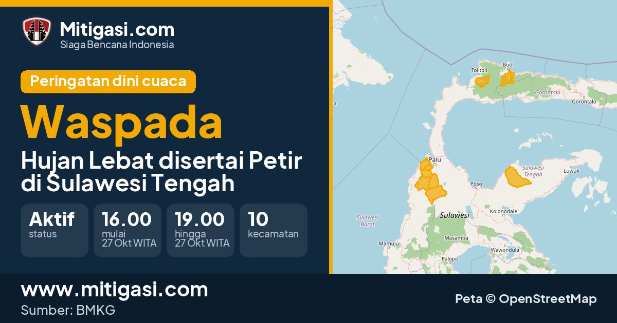 Peringatan dini cuaca BMKG tingkat Waspada di Sulawesi Tengah. (Mitigasi.com/data BMKG)