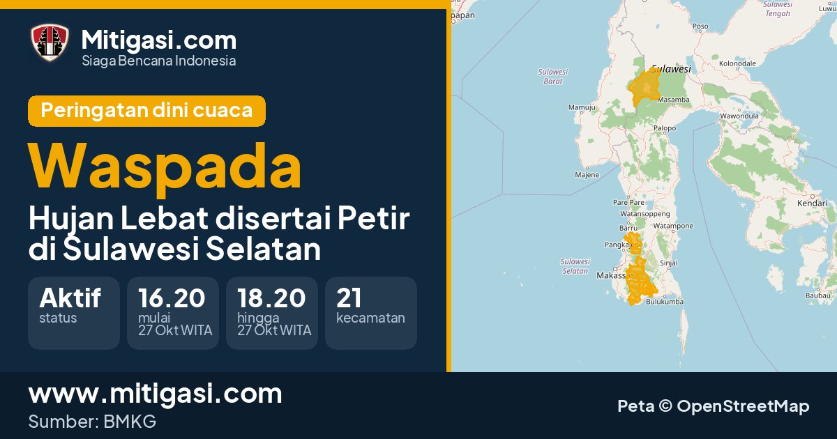 Peringatan dini cuaca BMKG tingkat Waspada di Sulawesi Selatan. (Mitigasi.com/data BMKG)