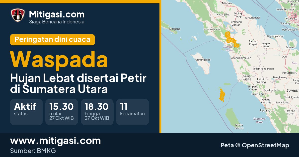 Peringatan dini cuaca BMKG tingkat Waspada di Sumatera Utara. (Mitigasi.com/data BMKG)