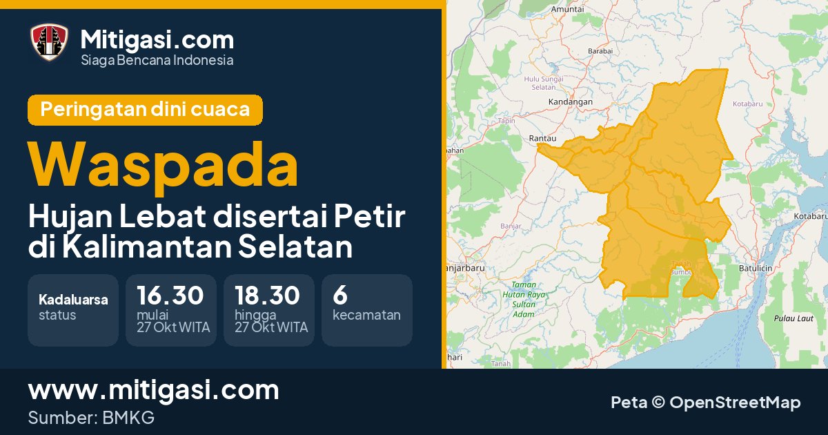 Peringatan dini cuaca BMKG tingkat Waspada di Kalimantan Selatan. (Mitigasi.com/data BMKG)