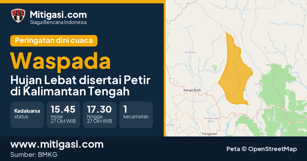 Peringatan dini cuaca BMKG tingkat Waspada di Kalimantan Tengah. (Mitigasi.com/data BMKG)