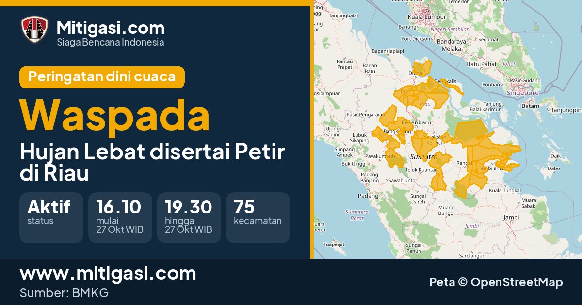 Peringatan dini cuaca BMKG tingkat Waspada di Riau. (Mitigasi.com/data BMKG)