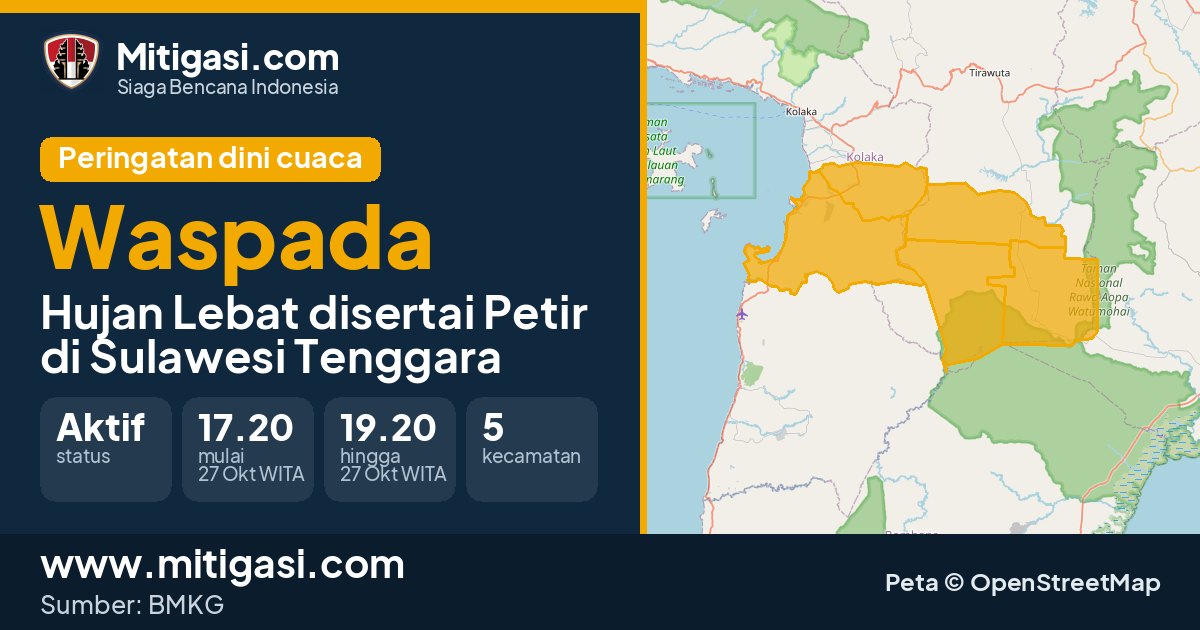 Peringatan dini cuaca BMKG tingkat Waspada di Sulawesi Tenggara. (Mitigasi.com/data BMKG)