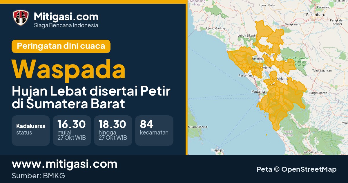 Peringatan dini cuaca BMKG tingkat Waspada di Sumatera Barat. (Mitigasi.com/data BMKG)