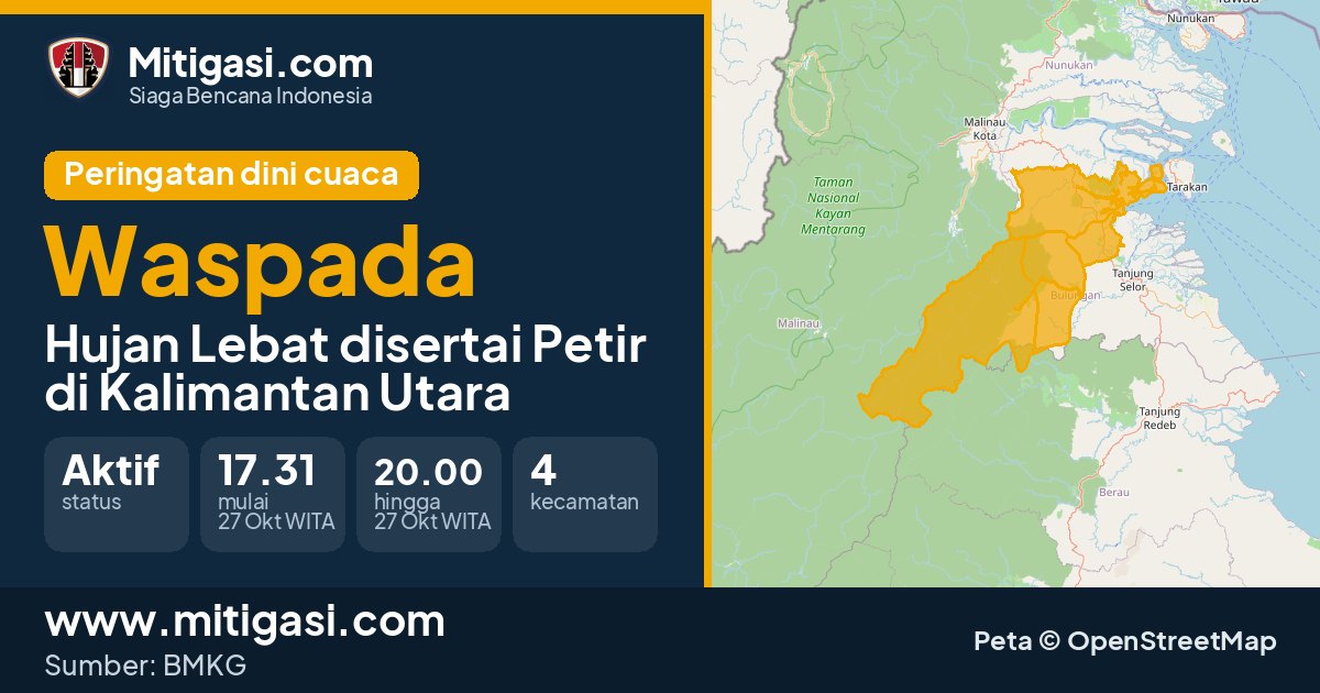 Peringatan dini cuaca BMKG tingkat Waspada di Kalimantan Utara. (Mitigasi.com/data BMKG)