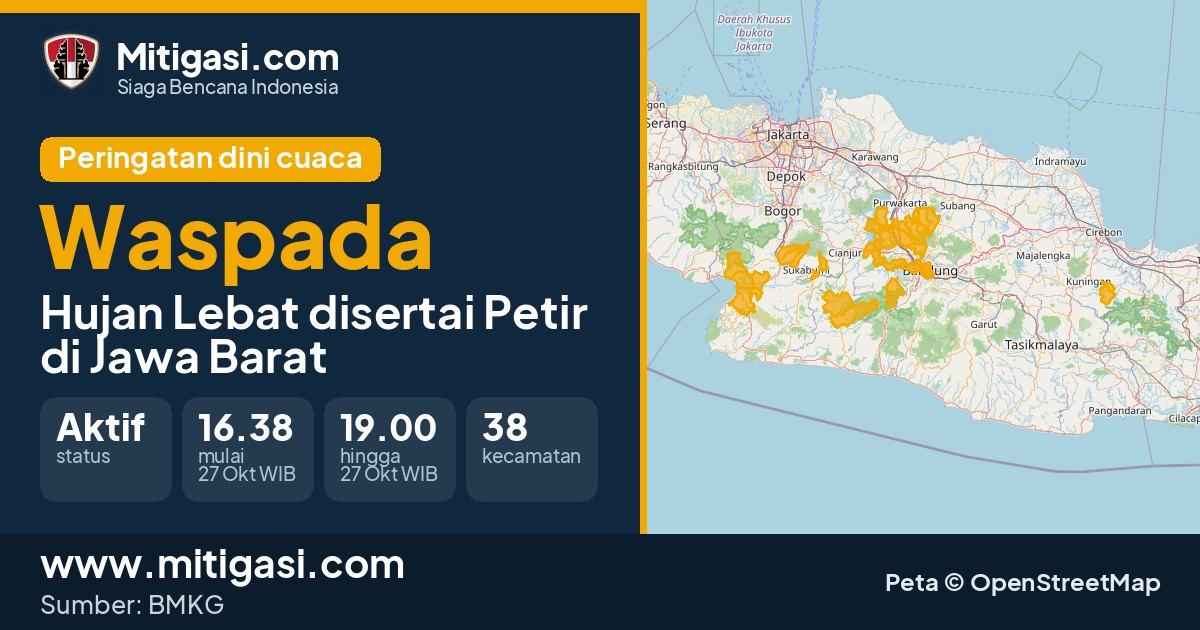 Peringatan dini cuaca BMKG tingkat Waspada di Jawa Barat. (Mitigasi.com/data BMKG)