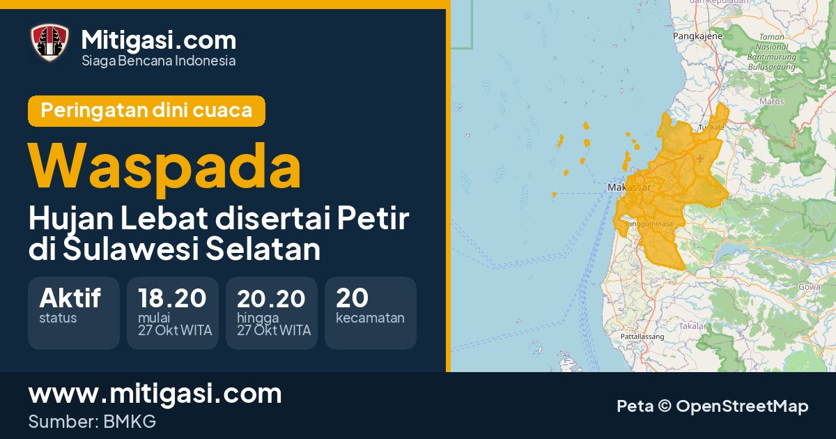 Peringatan dini cuaca BMKG tingkat Waspada di Sulawesi Selatan. (Mitigasi.com/data BMKG)