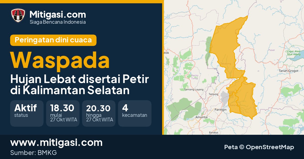 Peringatan dini cuaca BMKG tingkat Waspada di Kalimantan Selatan. (Mitigasi.com/data BMKG)