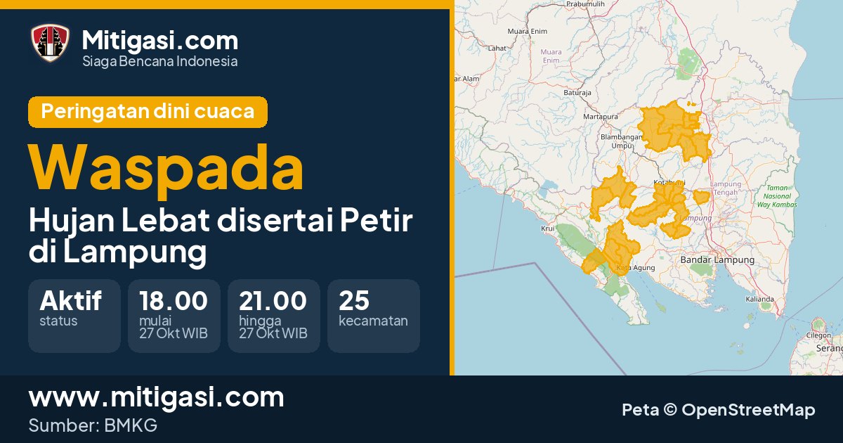 Peringatan dini cuaca BMKG tingkat Waspada di Lampung. (Mitigasi.com/data BMKG)