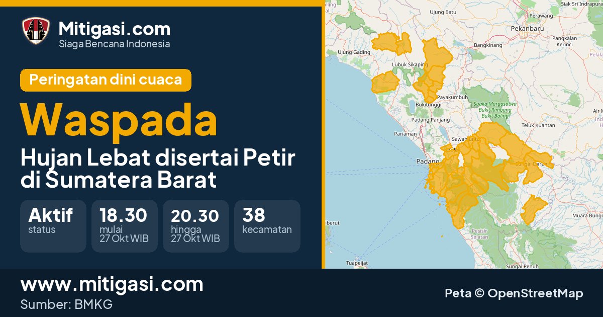 Peringatan dini cuaca BMKG tingkat Waspada di Sumatera Barat. (Mitigasi.com/data BMKG)