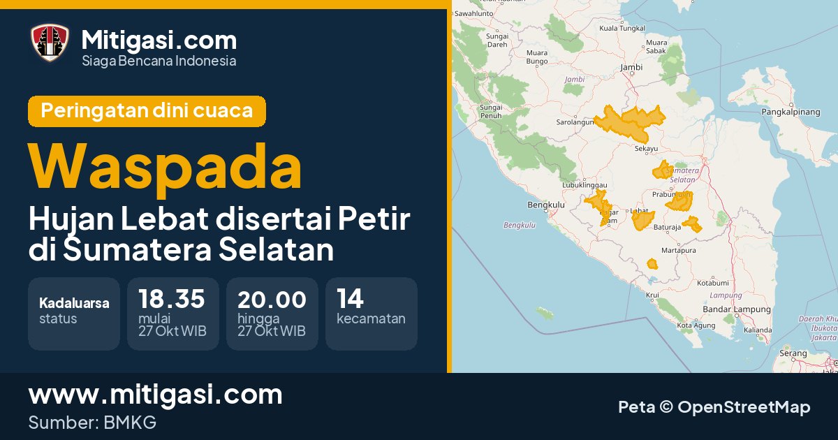 Peringatan dini cuaca BMKG tingkat Waspada di Sumatera Selatan. (Mitigasi.com/data BMKG)