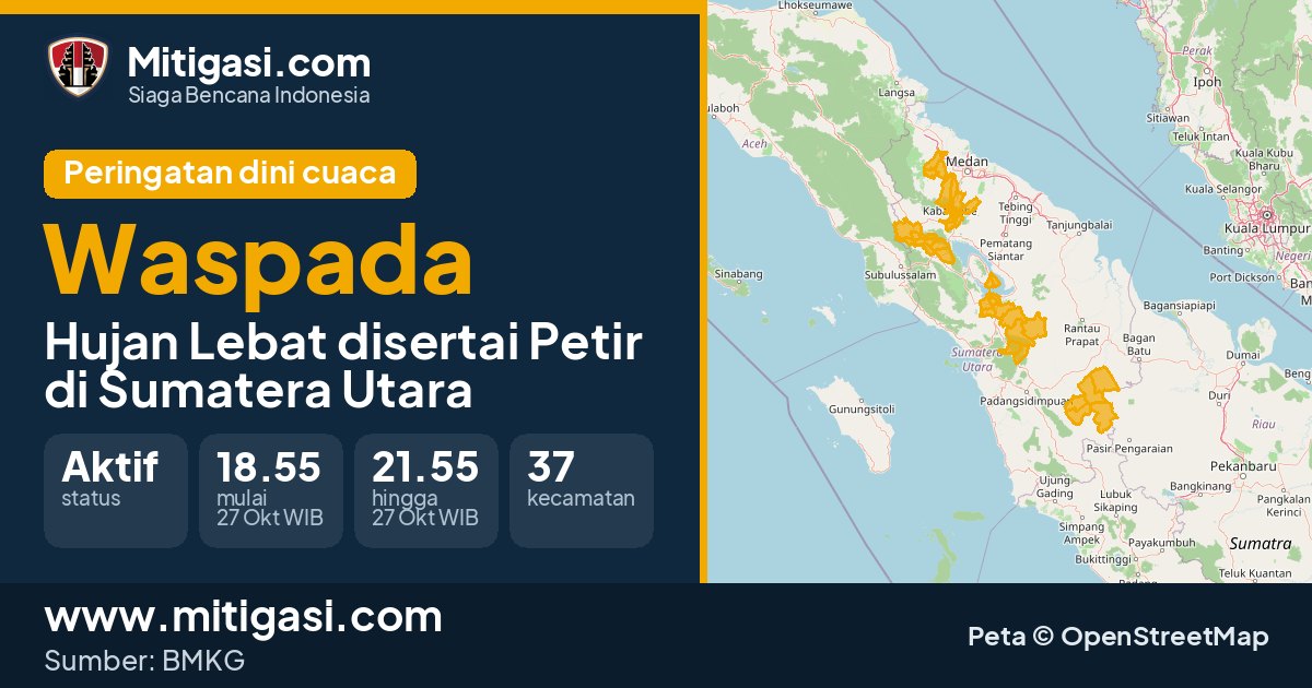 Peringatan dini cuaca BMKG tingkat Waspada di Sumatera Utara. (Mitigasi.com/data BMKG)