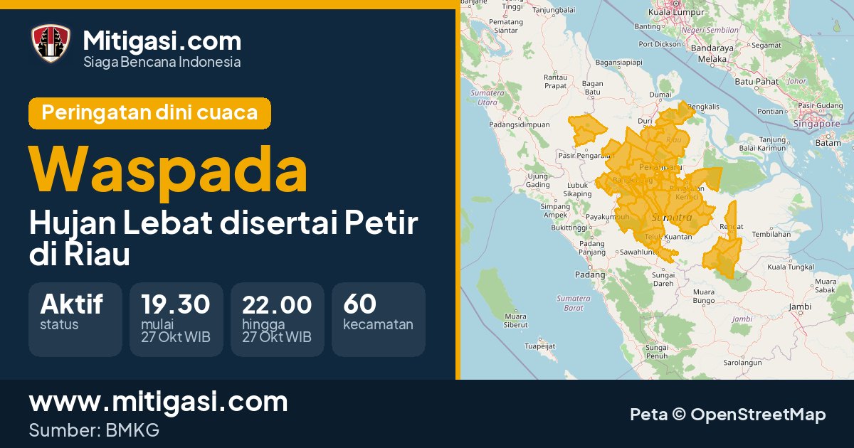 Peringatan dini cuaca BMKG tingkat Waspada di Riau. (Mitigasi.com/data BMKG)