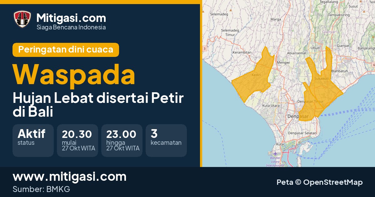 Peringatan dini cuaca BMKG tingkat Waspada di Bali. (Mitigasi.com/data BMKG)