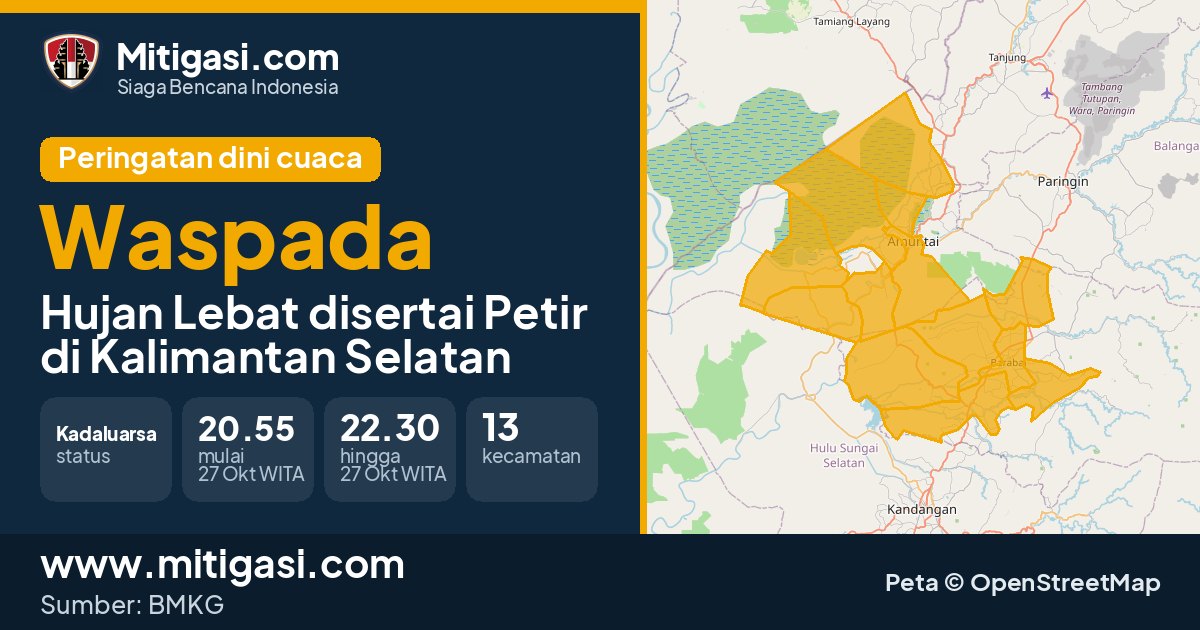 Peringatan dini cuaca BMKG tingkat Waspada di Kalimantan Selatan. (Mitigasi.com/data BMKG)