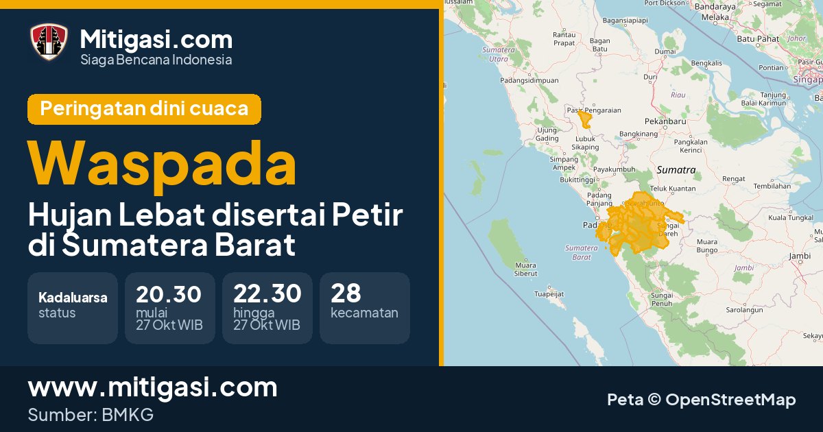 Peringatan dini cuaca BMKG tingkat Waspada di Sumatera Barat. (Mitigasi.com/data BMKG)