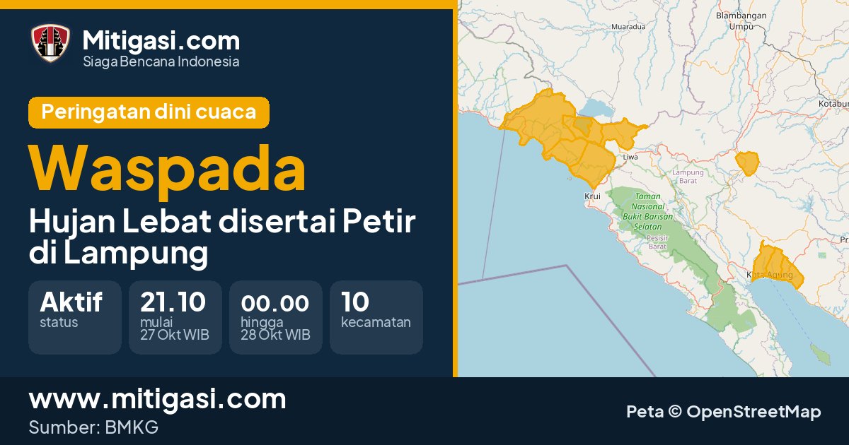 Peringatan dini cuaca BMKG tingkat Waspada di Lampung. (Mitigasi.com/data BMKG)