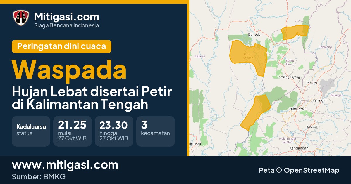 Peringatan dini cuaca BMKG tingkat Waspada di Kalimantan Tengah. (Mitigasi.com/data BMKG)