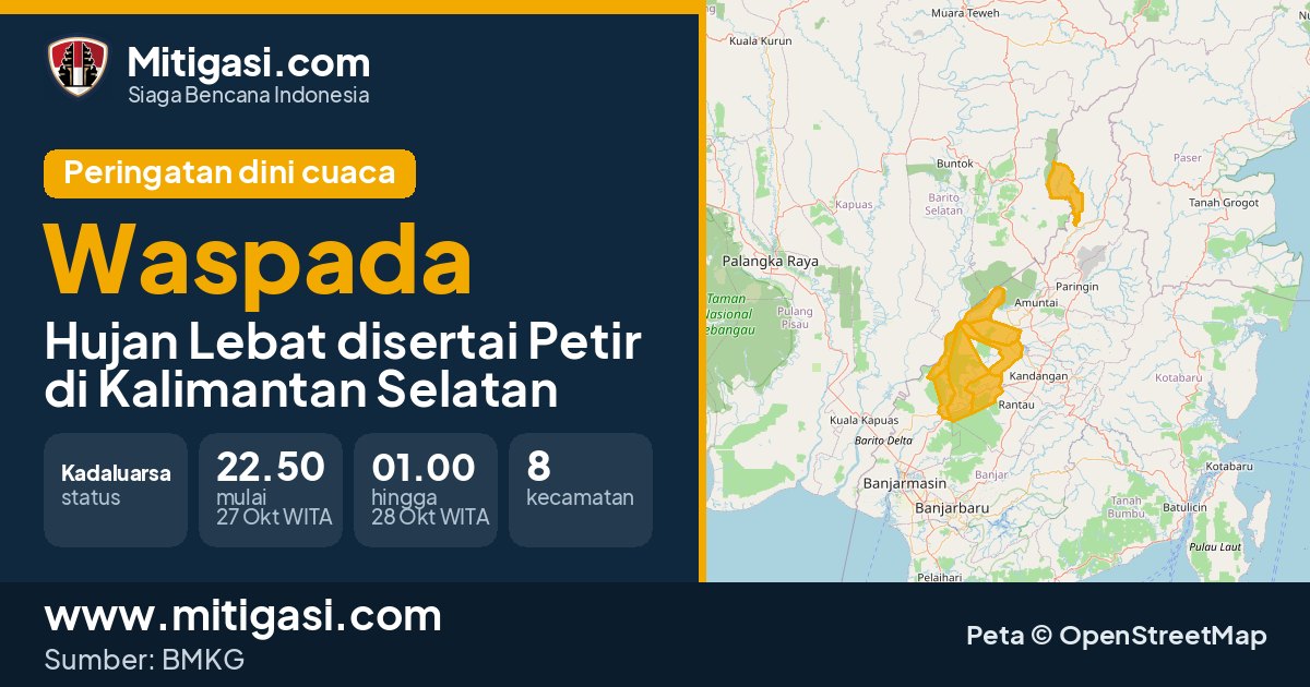 Peringatan dini cuaca BMKG tingkat Waspada di Kalimantan Selatan. (Mitigasi.com/data BMKG)