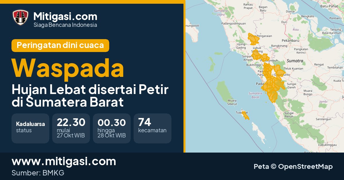 Peringatan dini cuaca BMKG tingkat Waspada di Sumatera Barat. (Mitigasi.com/data BMKG)