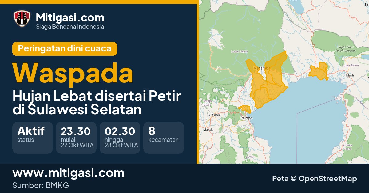 Peringatan dini cuaca BMKG tingkat Waspada di Sulawesi Selatan. (Mitigasi.com/data BMKG)