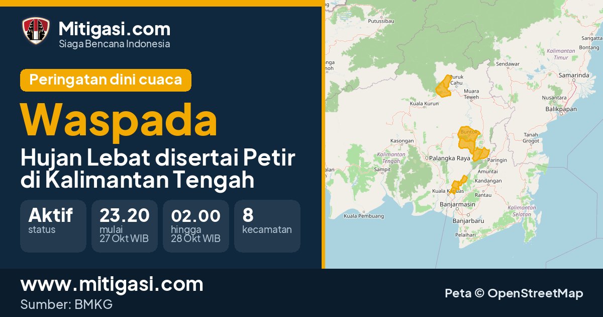 Peringatan dini cuaca BMKG tingkat Waspada di Kalimantan Tengah. (Mitigasi.com/data BMKG)