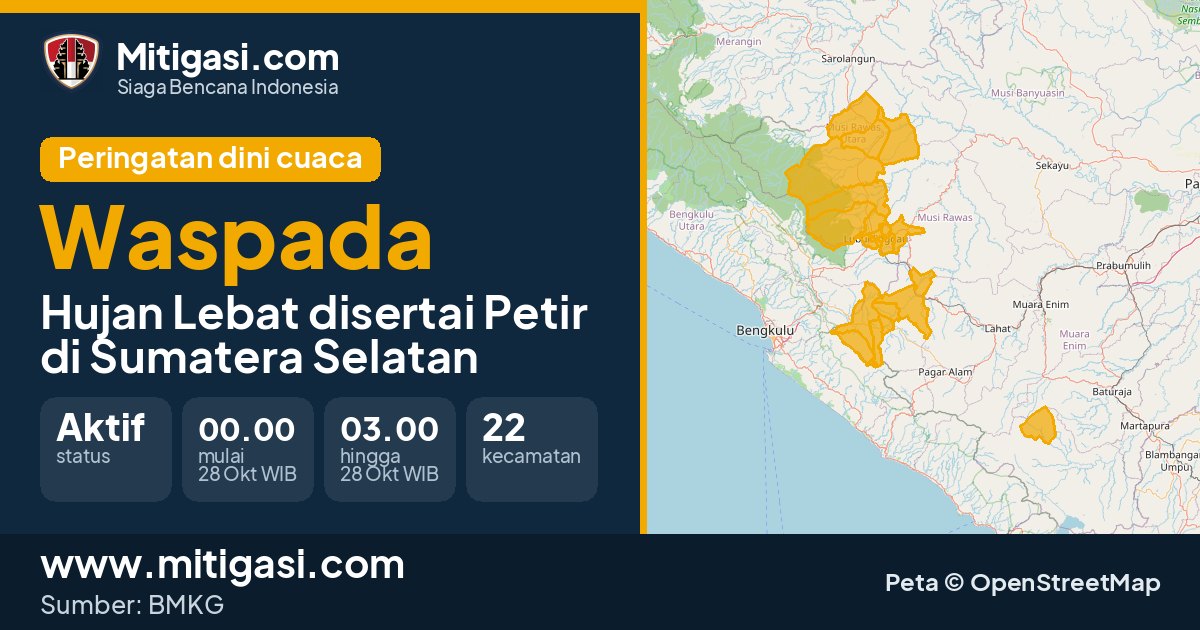 Peringatan dini cuaca BMKG tingkat Waspada di Sumatera Selatan. (Mitigasi.com/data BMKG)