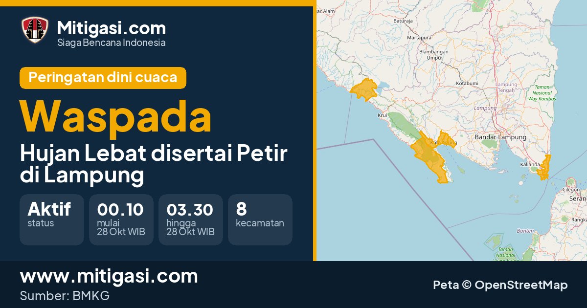 Peringatan dini cuaca BMKG tingkat Waspada di Lampung. (Mitigasi.com/data BMKG)
