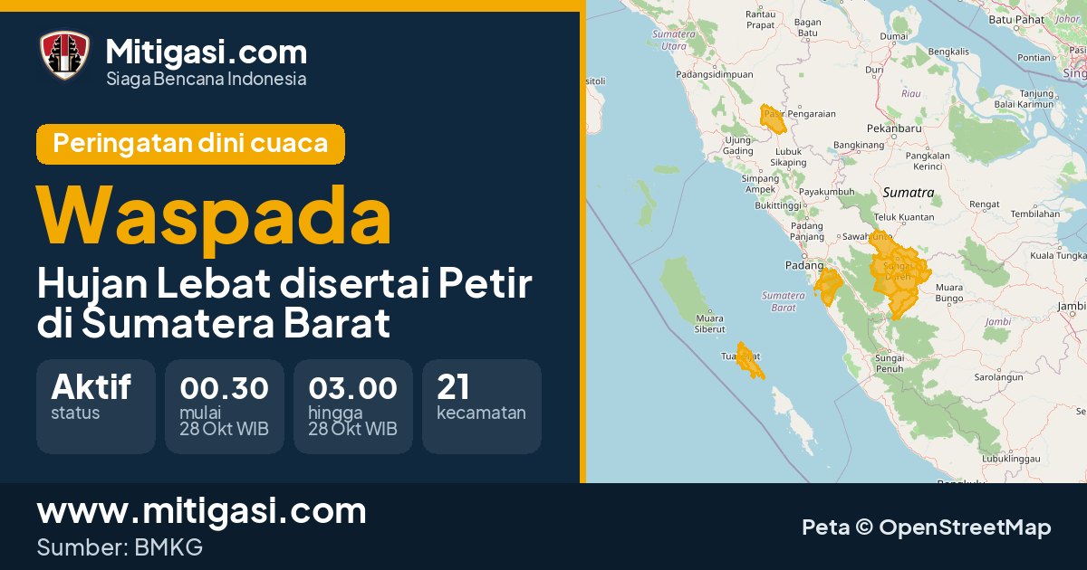 Peringatan dini cuaca BMKG tingkat Waspada di Sumatera Barat. (Mitigasi.com/data BMKG)