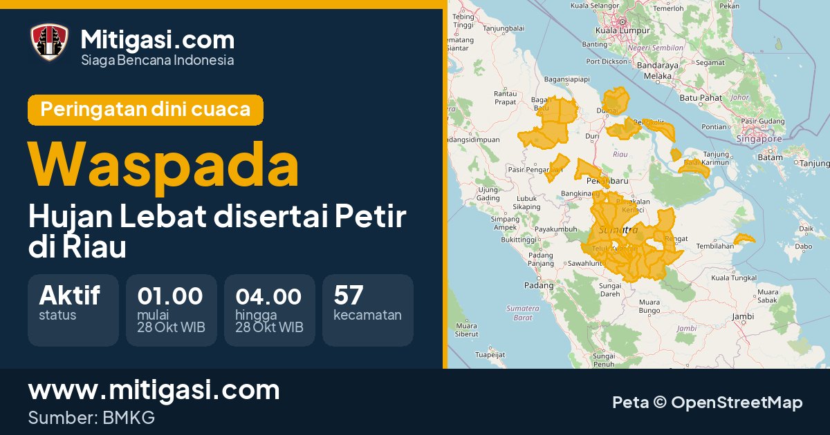 Peringatan dini cuaca BMKG tingkat Waspada di Riau. (Mitigasi.com/data BMKG)