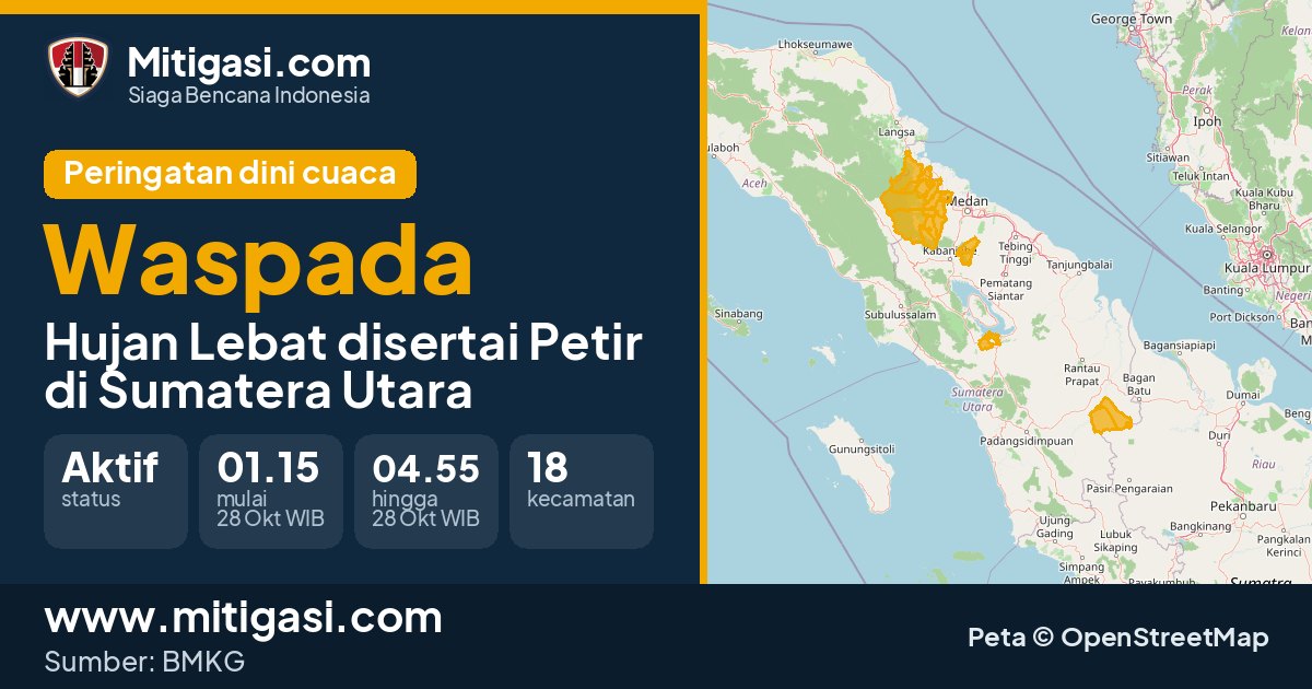 Peringatan dini cuaca BMKG tingkat Waspada di Sumatera Utara. (Mitigasi.com/data BMKG)
