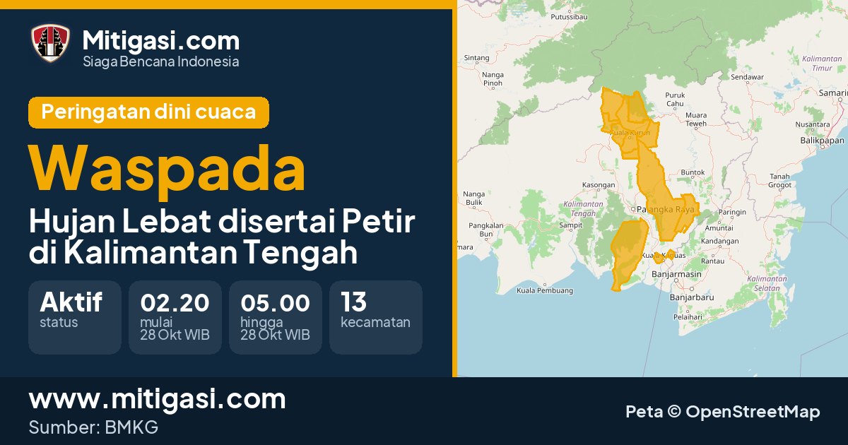 Peringatan dini cuaca BMKG tingkat Waspada di Kalimantan Tengah. (Mitigasi.com/data BMKG)