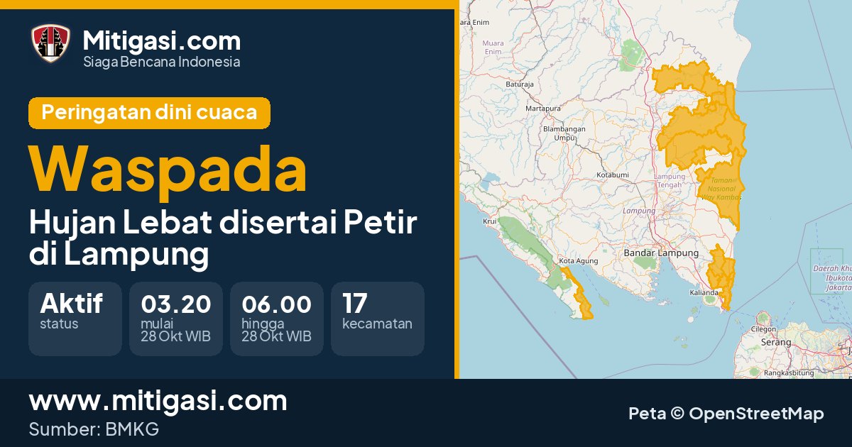 Peringatan dini cuaca BMKG tingkat Waspada di Lampung. (Mitigasi.com/data BMKG)