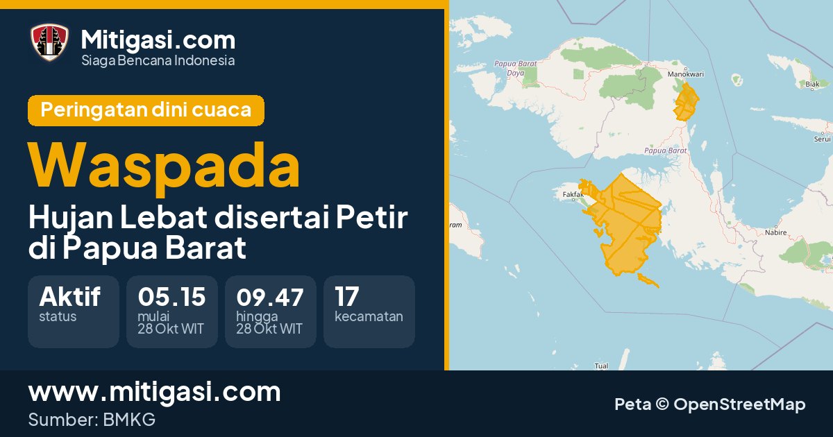 Peringatan dini cuaca BMKG tingkat Waspada di Papua Barat. (Mitigasi.com/data BMKG)