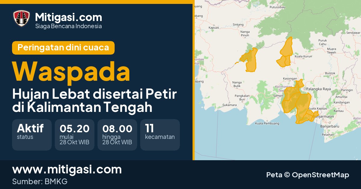 Peringatan dini cuaca BMKG tingkat Waspada di Kalimantan Tengah. (Mitigasi.com/data BMKG)