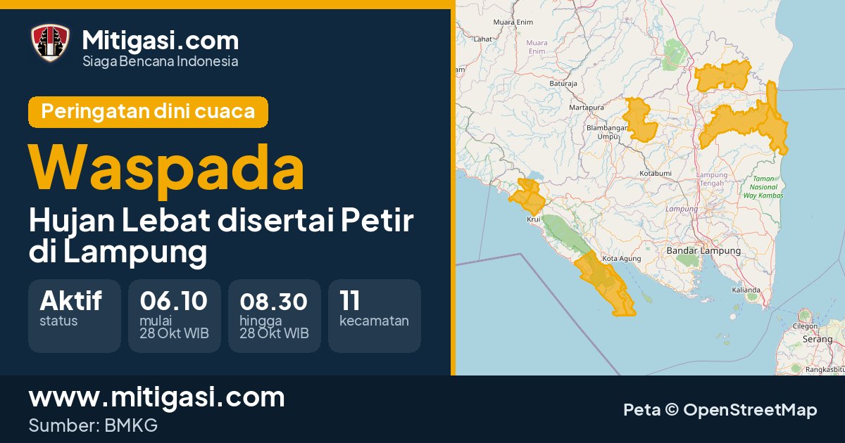 Peringatan dini cuaca BMKG tingkat Waspada di Lampung. (Mitigasi.com/data BMKG)