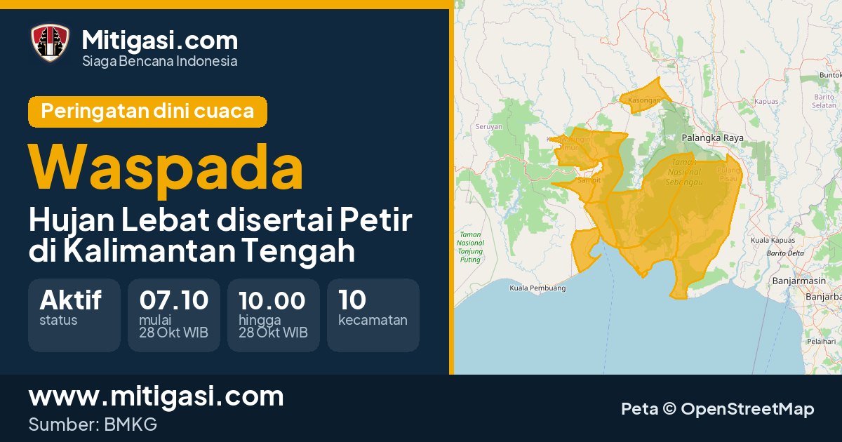 Peringatan dini cuaca BMKG tingkat Waspada di Kalimantan Tengah. (Mitigasi.com/data BMKG)