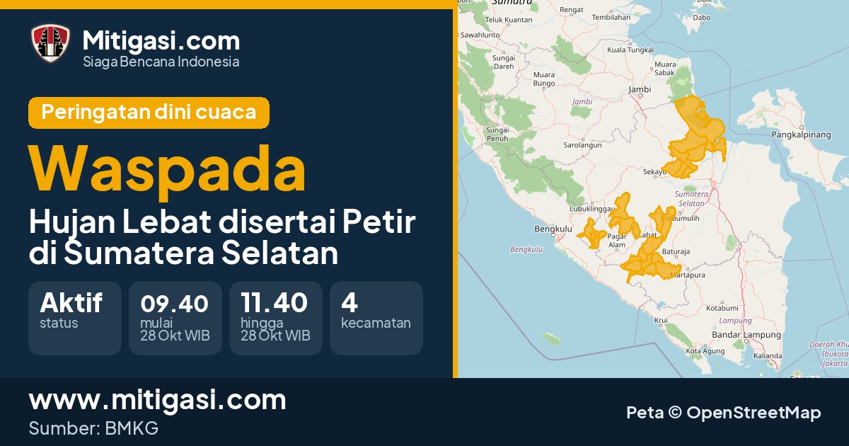 Peringatan dini cuaca BMKG tingkat Waspada di Sumatera Selatan. (Mitigasi.com/data BMKG)