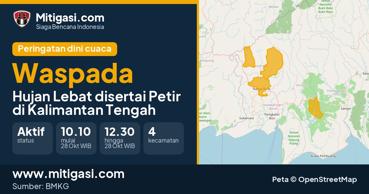 Peringatan dini cuaca BMKG tingkat Waspada di Kalimantan Tengah. (Mitigasi.com/data BMKG)