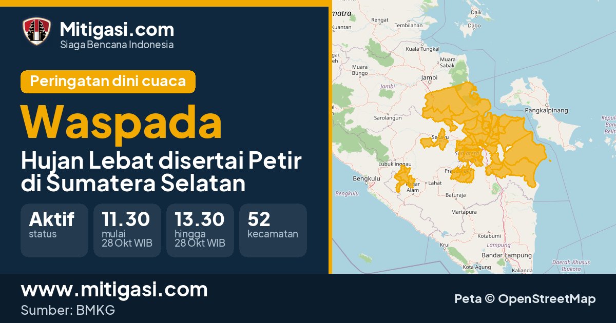 Peringatan dini cuaca BMKG tingkat Waspada di Sumatera Selatan. (Mitigasi.com/data BMKG)