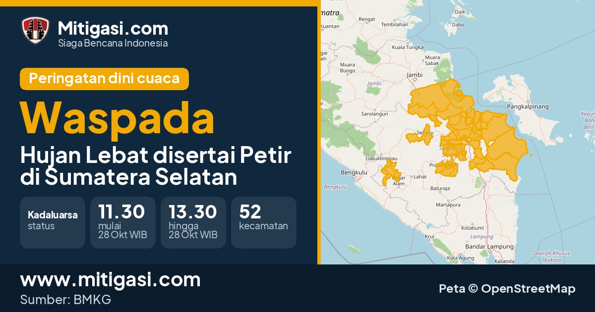 Peringatan dini cuaca BMKG tingkat Waspada di Sumatera Selatan. (Mitigasi.com/data BMKG)