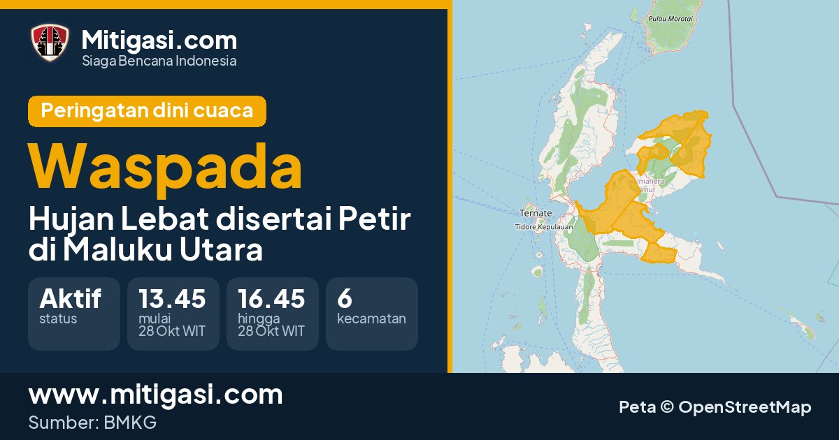 Peringatan dini cuaca BMKG tingkat Waspada di Maluku Utara. (Mitigasi.com/data BMKG)