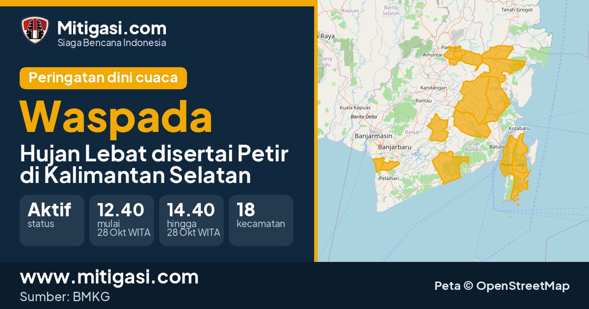 Peringatan dini cuaca BMKG tingkat Waspada di Kalimantan Selatan. (Mitigasi.com/data BMKG)