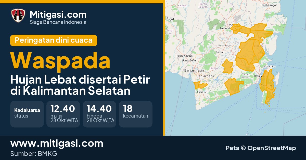 Peringatan dini cuaca BMKG tingkat Waspada di Kalimantan Selatan. (Mitigasi.com/data BMKG)
