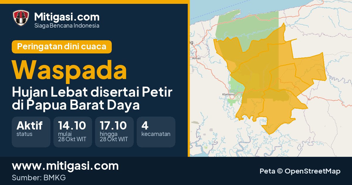 Peringatan dini cuaca BMKG tingkat Waspada di Papua Barat Daya. (Mitigasi.com/data BMKG)